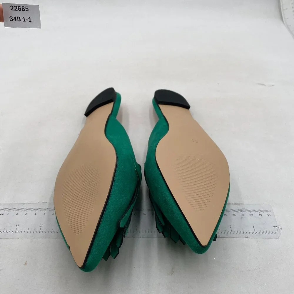 FSJ Womens Tassel Flat Mules Closed Pointed Toe, Loafers Backless Green Suede - Picture 6 of 7